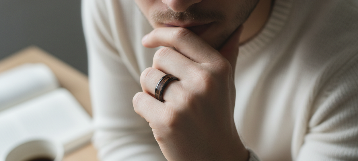 ring is perfect, show man wearing nice lighter colored clothing